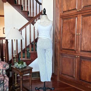 Chicos Polka Dot Pin Stripe Print Straight Leg Blue and White Trouser Pants